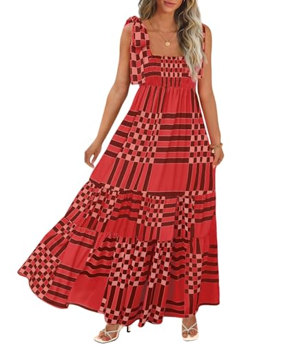 Image of CURBODO Women's Summer Maxi Dress Boho Spaghetti Straps Casual Long A-line Smocked Beach Dress Square Neck Flowy Sun Dress