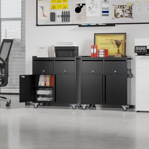 Image of Metal Tool Cabinet with 2 Drawers, Adjustable Shelf & Wheels, Black