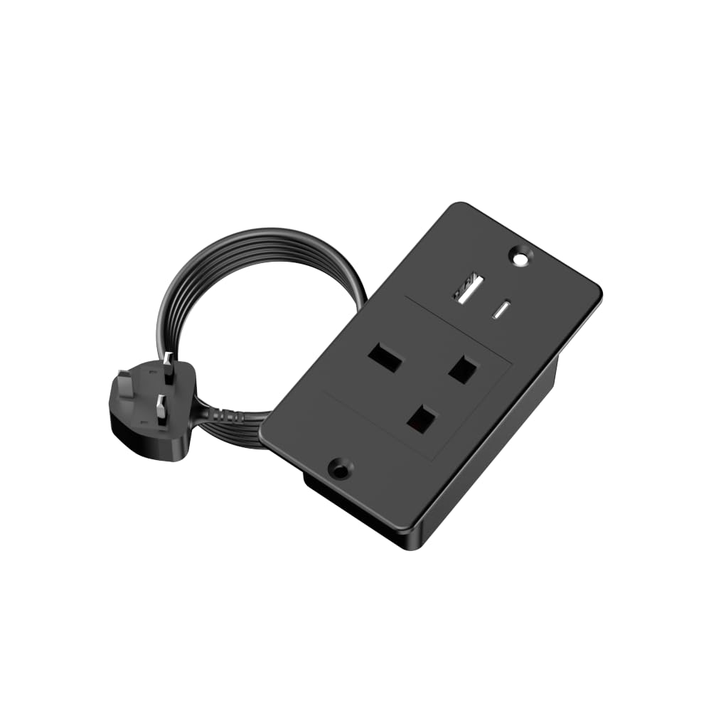Small Size Recessed Power Strip UK Plug Extension Socket with 1 AC Outlets, USB-A & USB-C Ports, 13A 3250W Surge Protector Extension Cord- Smart Strip for Office, Bedroom, Kitchen, Furniture (Black)