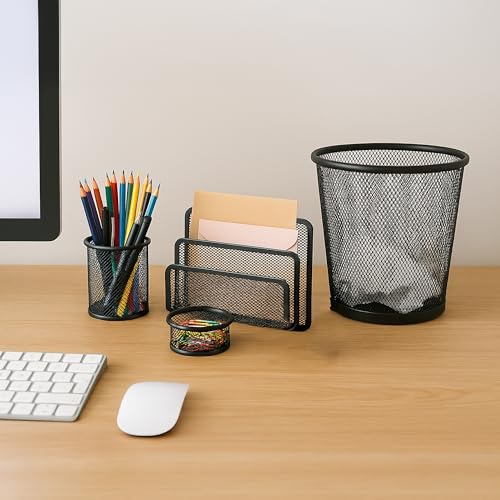 Image of The Better Home Set of 4 Desk Organisers | Pen Holder Clip Holder Dustbin File Holder | Metal Mesh Design | Multi-Purpose Office Supplies Organizer | Table Organizer for Office Desk