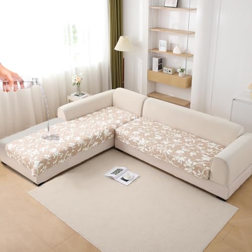 Image of HOKIPO 'Elira Series' Printed Water Repellent + Waterproof Quick Dry L Shape (3+3 Seater) Sofa Seat Cover Mat, Buff Brown Sillehoute Floral (NEW-AR-5249-C7*2)