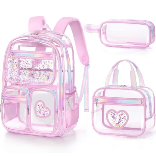 Image of Fimibuke Clear Backpack for Girls, 3PCS Heavy Duty PVC Transparent Kids Backpack for Teen Girls, School Concert Stadium Approved See Through School Teen Girl Bookbag with Lunch Box & Pencil Case, Pink