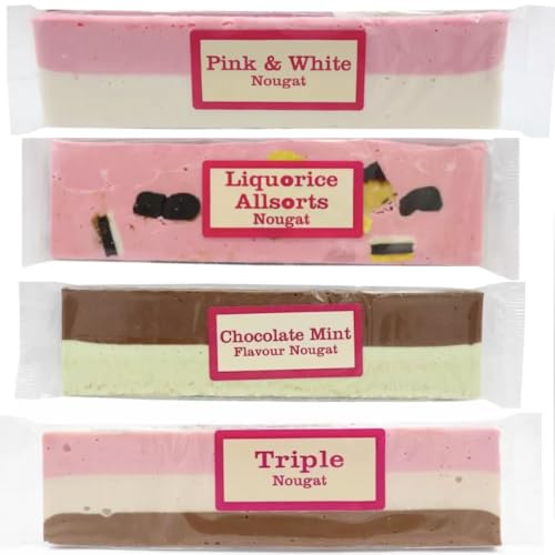 Nougat Lovers: Classic Twist - Four pack of Delicious Nougat Bars of 130g each - Includes Classic Pink & White Nougat Triple Nougat Liqourice Allsorts Nougat and Chocolate Mint Flavour Nougat