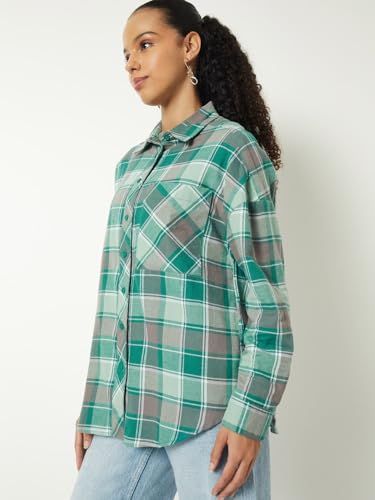 Women Checked Oversized Shirt (Green, L) - Image 5