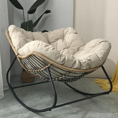 Outdoor Papasan Rocking Chair with Padded Cushion, Oversized Comfy Patio Chair Indoor Wicker Egg Rocker Chair, Steel Frame Modern Lounge Chair for Balcony