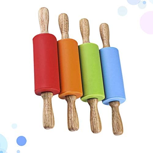 Mini Rolling Pin, Kids Rolling Pins Wooden Handle Non-Stick Silicone Rolling Pins Pastry Brushes Dough Roller for Baking Pizza Cookie Pastry, 4 Pack (Red, Green, Orange, Blue)