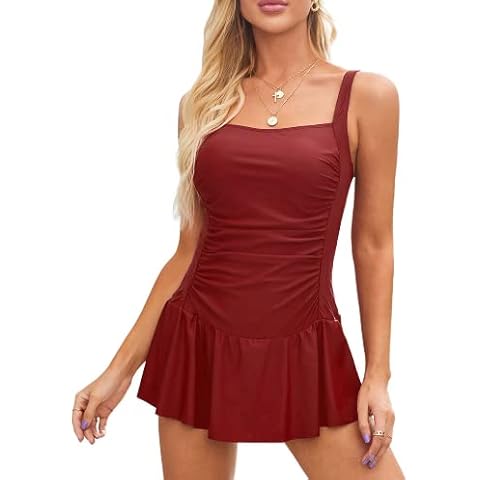 REKITA Women's Tummy Control One Piece Swimdress Swimsuit Vintage Skirted Bathing Suit, Dark Red, Medium Cover