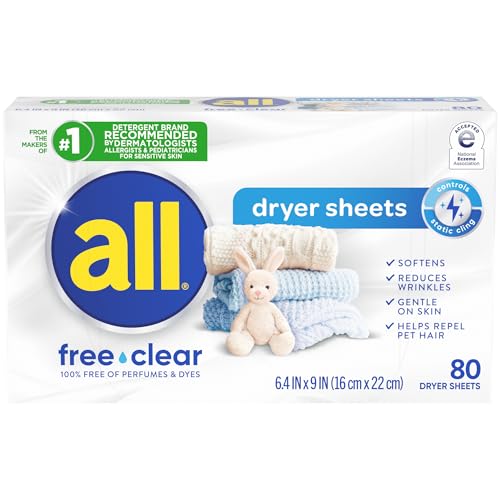 Product Image of the all Fabric Softener Dryer Sheets for Sensitive Skin, Free Clear, 80 Count
