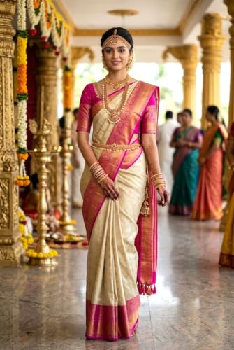 Image of VFCollections Women's Kanchipuram Silk Bridal Pure Pattu Cream White Sarees With Blouse