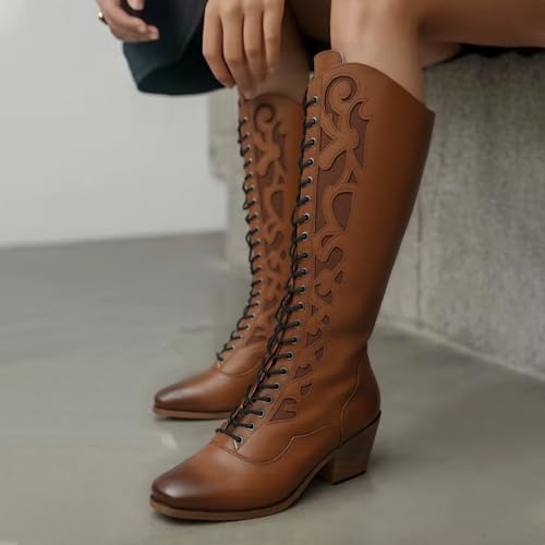 SO SIMPOK Lace Up Cowboy Boots for Women, Vintage Knee-High Cowgirl Boot, Low Heel Mid Calf Western Boots, Tall Square Toe Boot for Ladies3
