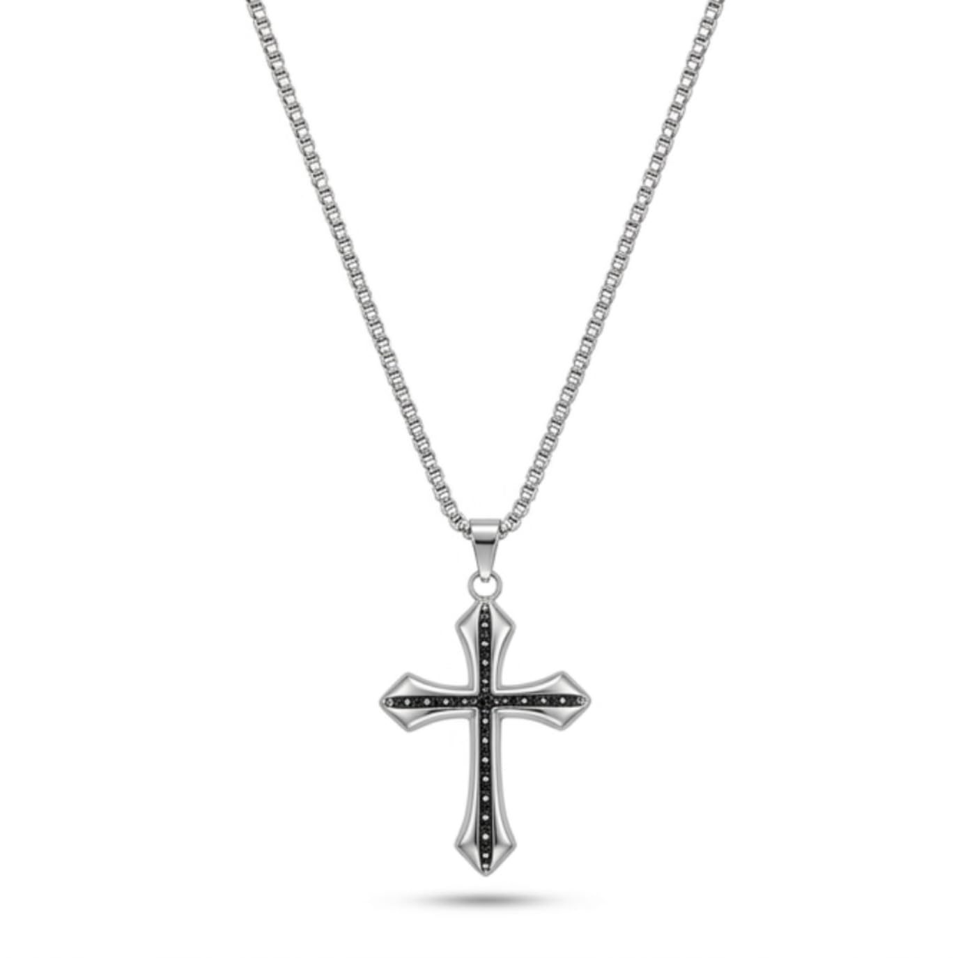 Silver Plated Gothic Cross Pendant Necklace for Men and Women Crucifix Locket with Black Stone Crystals Retro Religious Spiritual Fashion Jewellery with Box Chain-image-34