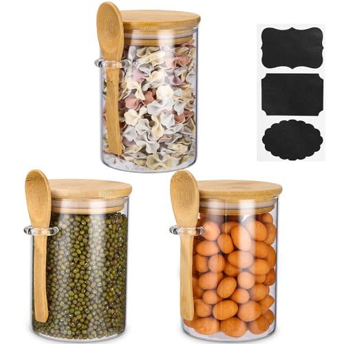 Vorratsdosen Glas 3er Set, Vorratsgläser mit Deckel und Löffel,Airtight Storage Jars,Schutz vor Gezeiten und Insekten, 540ml Overnight Oats...