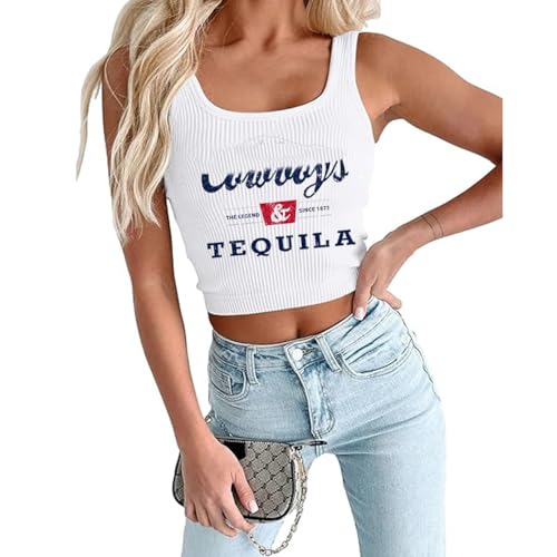 MAOGUYUN Cowboy and Tequila Tank Top Women Country Music Crop Tops Western Cowgirl Concert Graphic Cami Shirt Top White