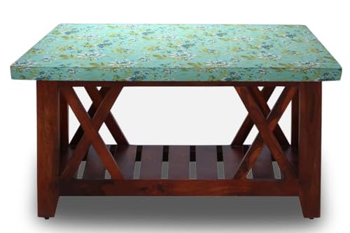 Image of The Furnishing Tree Elastic Cotton Square Center Table Cover 24x24 in Inches Floral Golden Leaf on Blue Base