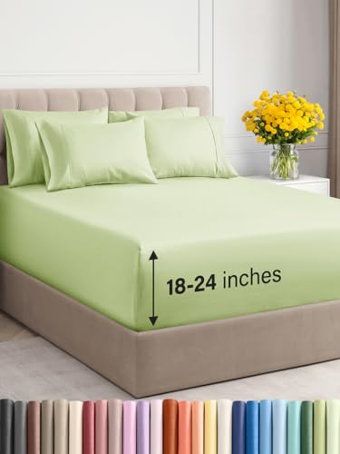 Extra Deep Queen Sheet Set - 6 Piece Breathable & Cooling Sheets - Hotel Luxury Bed Sheets Set - Easy & Secure Fit - Soft, Wrinkle Free & Comfy Sheets Set - Light Sage Sheet Set w/Extra Deep Pockets