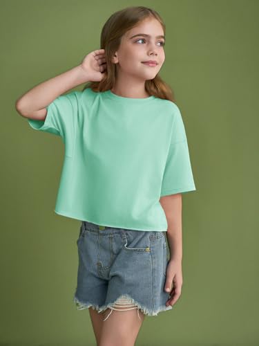 Image of Girls Athletic Oversized Crop Tops Kids Drop Shoulder Short Sleeve T Shirts Workout Tees 5-14 Years