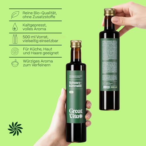 Foto von GreatVita Schwarzkümmelöl Bio 500 ml | 100% rein, vegan, kaltgepresst und gefiltert - Ideal für Küche & Pflege - Aufdruck kann varrieren