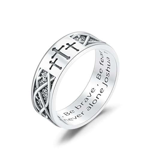 925 Sterling Silver Cross Band Ring for Men with Joshua 1:9 Size 6/7/8/9/10/11/12/13/14/15 Christian Rings for Dad Son