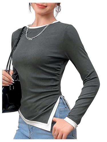 SweatyRocks Girl's Colorblock Crew Neck T Shirt Long Sleeve Asymmetrical Hem Fitted Dressy Casual Tops - Main Image