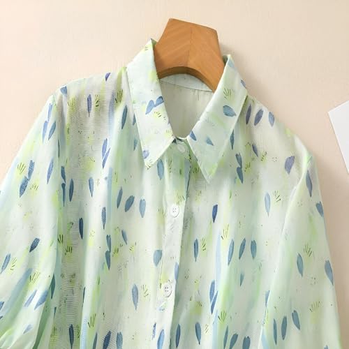 Image of Gufrina Women's Sea Green Leaf Printed Western Shirt with Button Down Front, Puff Sleeves and Relaxed Fit Design