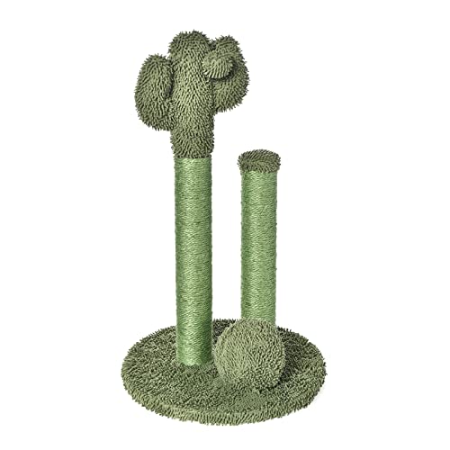 Image of Amazon Basics Sisal Cat Scratching Post, Indoor Cactus Triple Posts for Cats & Kittens with Dangling Ball, Small, 22.4 inchH, Green