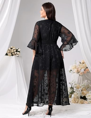 Wedding Guest Dress Plus Size Ruffle Bell Sleeve V Neck A Line Flowy Empire Waist Maxi Dresses with Slit4