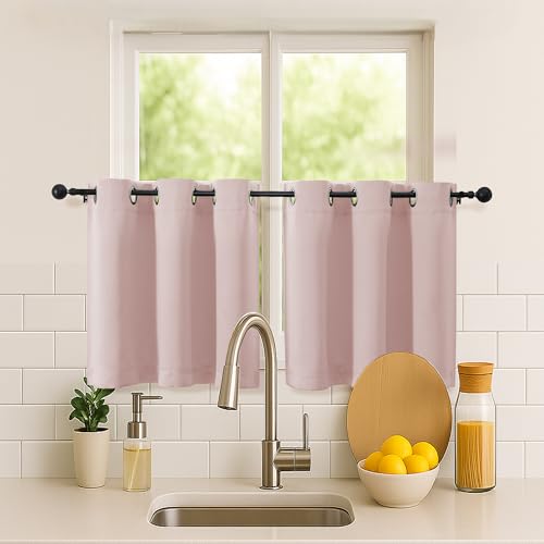 Image of Simplebrand Blush Short Kitchen Curtains 24 Inch Length 2 Panels Set, Small Windows Room Darkening Curtain for Bathroom, Cabinet, Basement, RV Camper, Thermal Insulated Short Drapes, 40 x 24 Inch