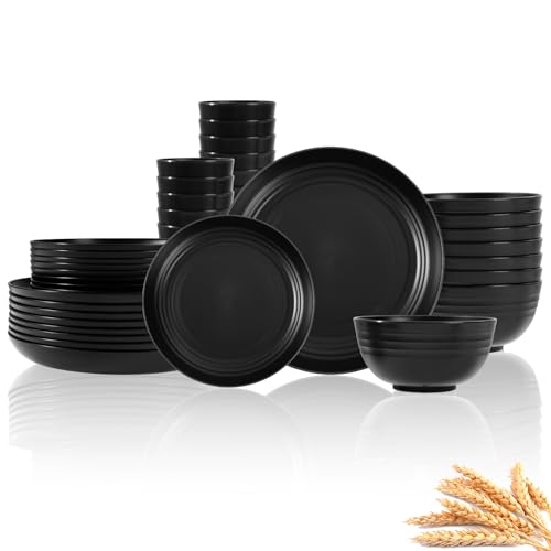 Wheat Straw Dinnerware Set for 32Reusable Plastic Dinner Set Plates and Bowls Set with Unbreakable,Black Dinner Plates for 8,Dishwasher Safe for Family Dinner,Camping Party