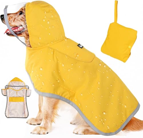 Eyein Wasserdichter Hunderegenmantel, Regenmantel für Große Hunde mit Kapuze und weichem Futter, Verstellbare Hunderegenjacke mit reflektierenden Streifen, Winddicht und leicht, Gelb, XXL