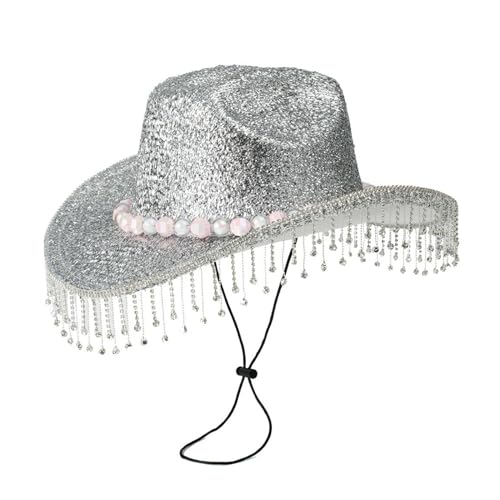 Chapeau disco à pompons brillants et détails de strass scintillants