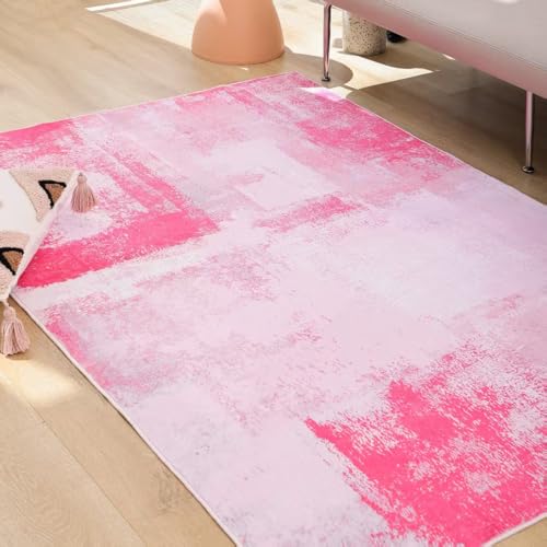 Image of TRUEDAYS Area Rug Washable Pink Rug - 5x7 Rug Modern Abstract Rug for Entryway College Dorm Living Room Bedroom - Soft Low Pile Indoor Carpet with Non-Slip Backing for Home Decor