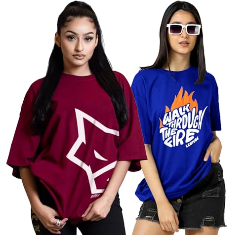 Image of LEOTUDE Cottonblend Oversized Half Sleeve Colorful Printed Combo T-Shirts for Women (Pack of 2)