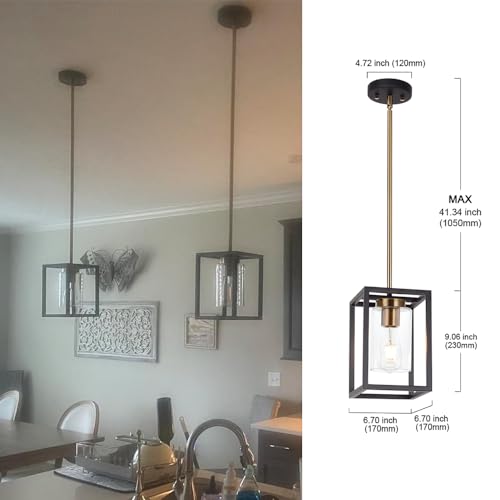 Image of 1-Light Mini Lantern Pendant Light,Black and Brushed Brass Finish Farmhouse Chandelier with Clear Glass Shade Foyer Cage Hanging Ceiling Lighting for Kitchen Island Dining Room Entryway