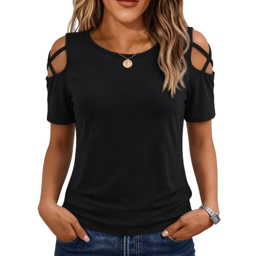 Image of Jar of Love Women's Summer Tops Short Sleeve Cold Shoulder Tops T-Shirts for Women Spring Summer Tops Loose Fit Tunic 2026