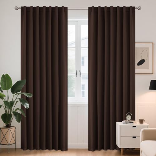Joydeco 90 Inch Blackout Curtains for Bedroom, Thermal Insulated Curtains 90 Inches Long, Room Darkening Drapes for Living Room Window Rod Pocket Back Tab (W52 x L90 Inch, Chocolate) Chocola