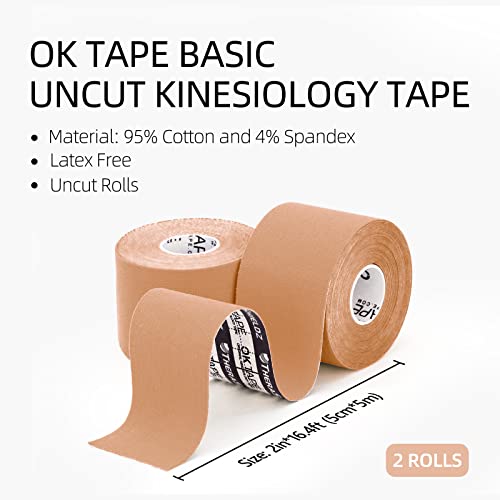 Ok Tape Basic Original Cotton Kinesiology Tape (2 Pack), Elastic Water Resistant Therapeutic Athletic Tape, Latex Free, Pain Relief, Injury Recovery, Uncut K Tape 2In×16.4Ft - Beige #TOP1