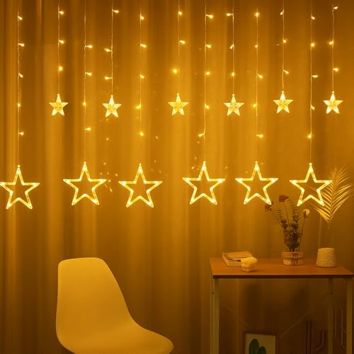 Image of K D 6+6 Star Warm Yellow 138 LEDs Curtain LED String Lights (3.5 ft Length + 0.5 FT Length After Adopter = 4ft) with 8 Modes Indoor Outdoor for Home, Diwali, Christmas (Star Warm Yellow 6+6)