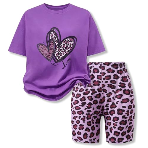 Image of 9-16Y Tween Girl Clothes 2 Piece Short Sleeve Heart Print Top and Shorts Teen Girl Summer Outfits Short Set