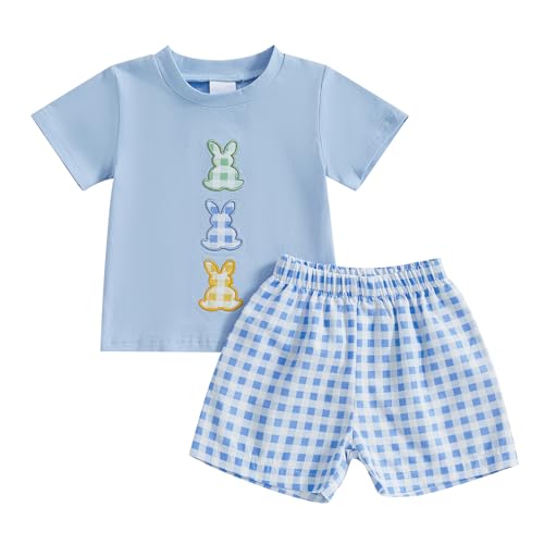 Image of Toddler Baby Boy Easter Rabbit Outfit Short Sleeve Bunny Carrot Smocked T-shirt Elastic Waist Shorts Summer Clothes