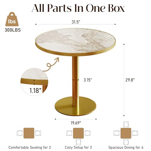 Image of 63 inch Tulip Table, Small Round Dining Table with 1.2 inch Thick Sintered Stone Tabletop and Golden Metal Pedestal Base, Bistro Table for Diner, Bar, Restaurant, kitchen, Bakery, Apartment (Marble Gray)