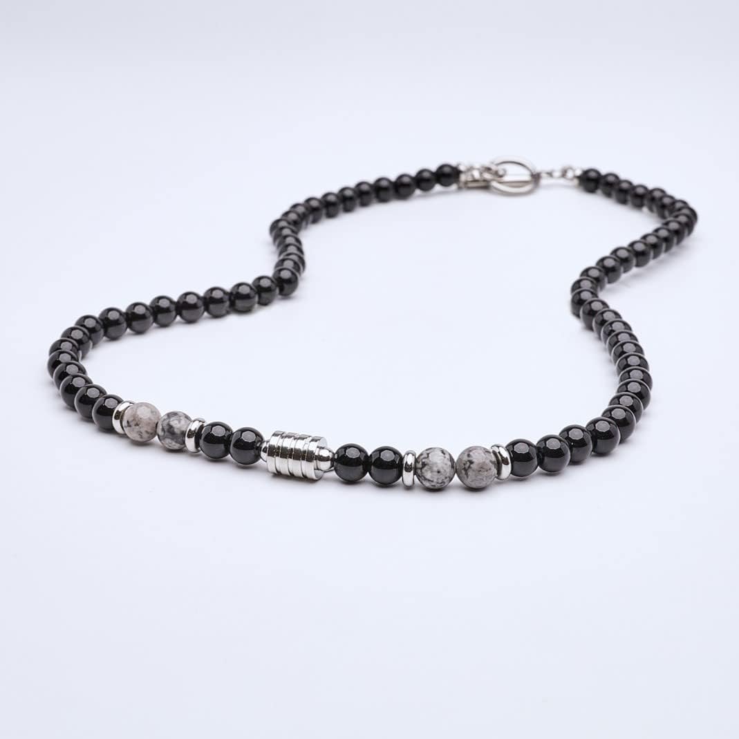Handmade Mens Tigers Eye Onyx Beaded Necklace Chain Natural Gemstones Healing Crystal Jewellery (Black Onyx/Grey)