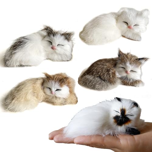 Pack of 5 Realistic Furry Baby Cats Figurines Simulation Kittens Home Office Car Decorative Statue/Synthetic Fur Pet Stuffed House Animal Replica/Photo Props/Collectible Gift (ST2)