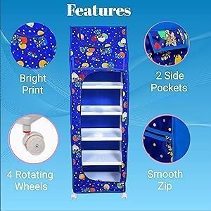 Image of HYSEYY Baby Wardrobe Plastic Kids Storage Rack with Fabric Cover & Wheels | 6-Tier Plastic Shelves Organizer | Toy, Book & Clothes Storage Cabinet for Kids Room