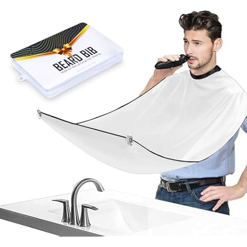 Beard Bib Beard Apron, Beard Hair Catcher for Men Shaving & Trimming Non-Stick Waterproof Beard Cape Grooming Cloth with 3 Suction Cups & A Box Birthday Gifts for Christmas Men Him Boyfriend(White) Cover