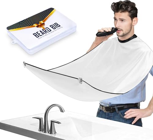 Beard Bib Apron for Men Beard Hair Catcher for Shaving & Trimming Non-Stick Waterproof Beard Cape Grooming Cloth with 3 Suction Cups Gifts for Men Dad Fathers Day Anniversary Valentines Day(White)