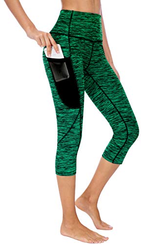 Neonysweets Womens Capri Yoga Pants Tummy Control Workout Leggings Mesh Pockets Jungle Green