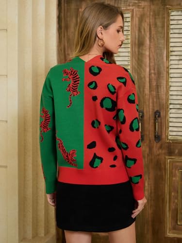 Image of WDIRARA Women's Leopard Tiger Print Cardigan V Neck Long Sleeve Color Block Button Down Sweater Outwear