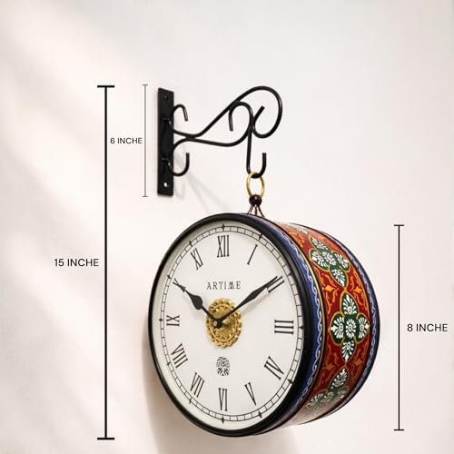 Image of Handcrafted Double Side Metal Analog Vintage Wall Clock | 1.5 Year Machine Warranty | 8 INCHES | 1 Side Number 1 Side Roman,Color (Blue Handprint)