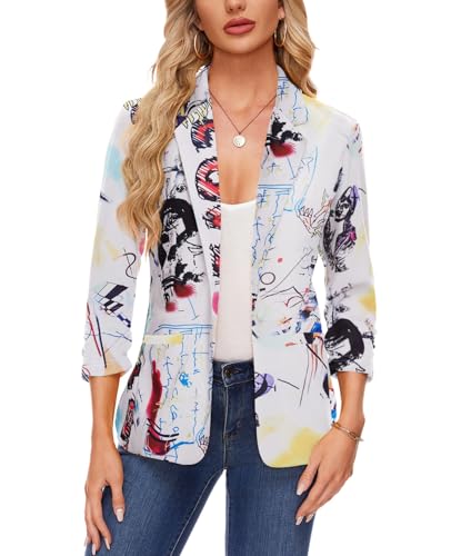 MINTLIMIT Womens Casual Blazers Notched Lapel Button Front Suit Jacket 3/4 Sleeve Work Office Blazer with Pockets,Graffiti Print,M