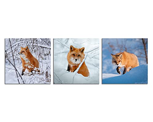 Red Fox Canvas Wall Art Wildlife Decor Fox Hunting In The Snow Pictures On Canvas Wall Art For Home Office Decorations Living Room Bedroom And Kitchen Decor 3 Pcs Framed Canvas Prints 12X12Inches #TOP1
